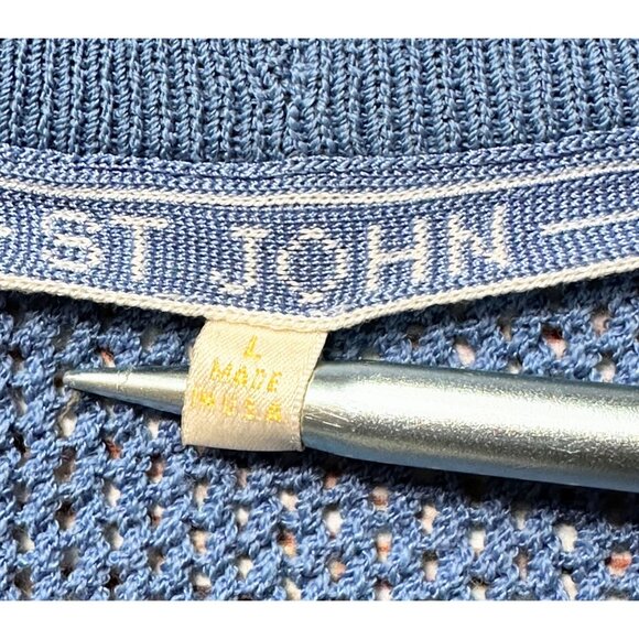 St John Blue Knit Cardigan Sweater Womens Button Front Pockets Size L Made USA - Picture 9 of 10